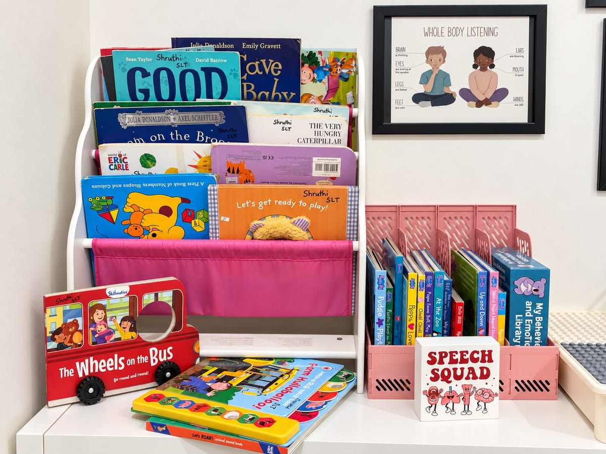 A front-facing rack of children’s picture books, including “Good”, “The Very Hungry Caterpillar” and “The Wheels on the Bus”, beside a framed “Whole Body Listening” poster and a “Speech Squad” block.