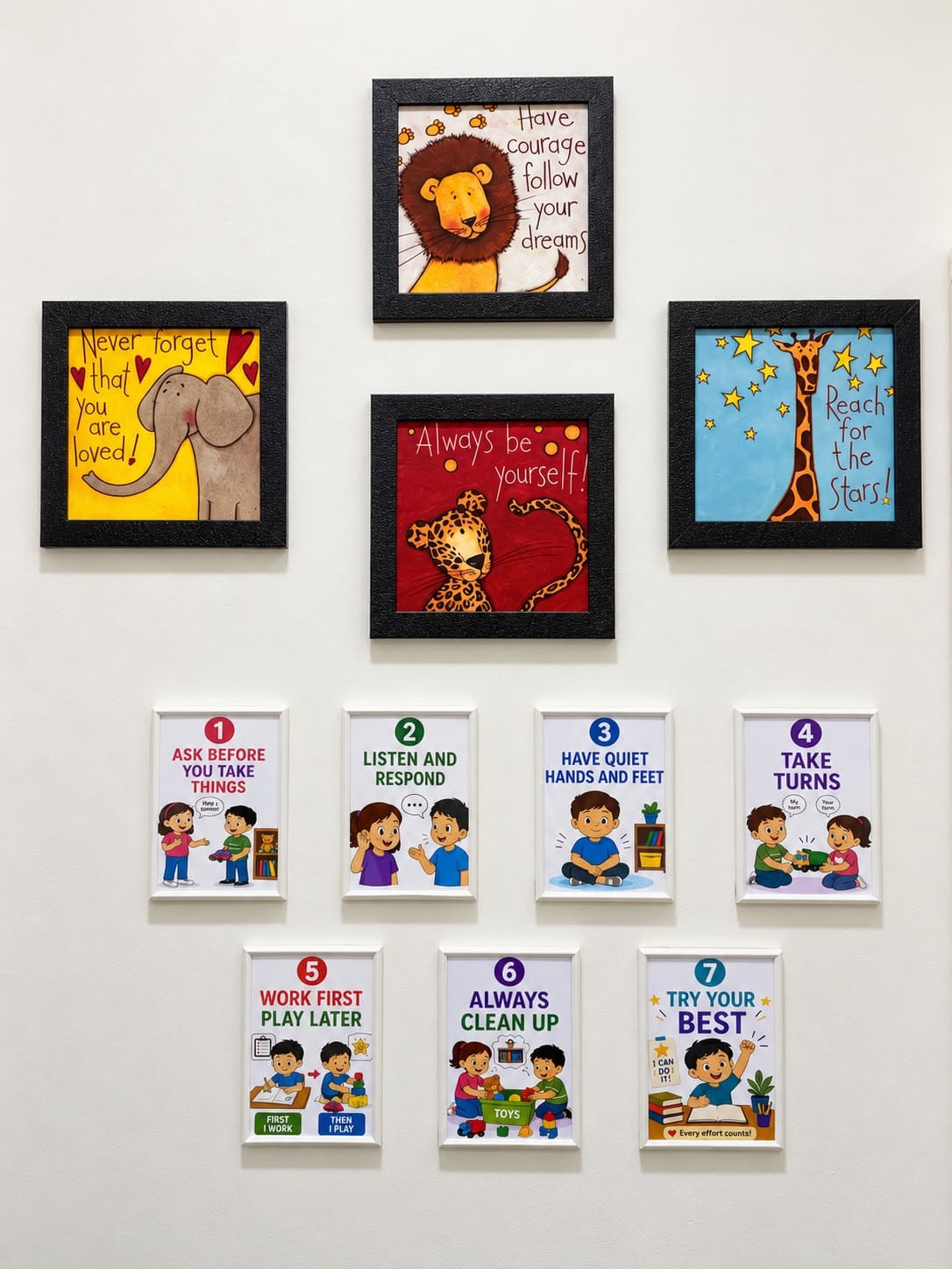 Seven picture rules on the therapy room wall — ask before you take things, listen and respond, have quiet hands and feet, take turns, work first play later, always clean up, try your best — below four framed animal prints.