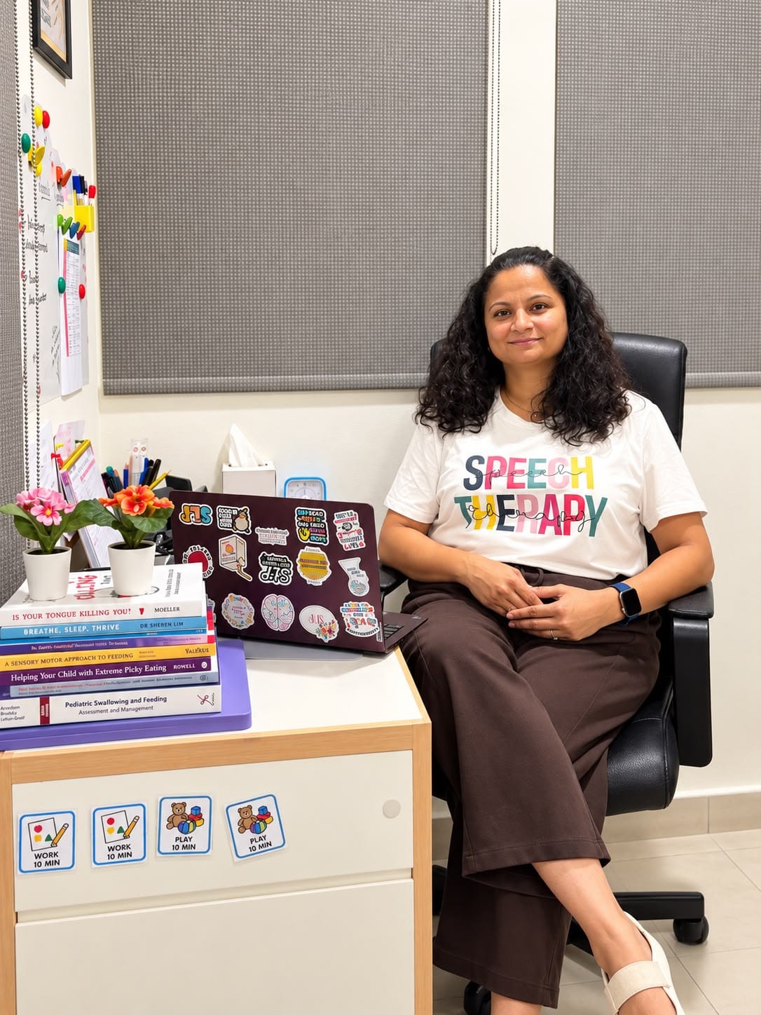 Shruthi sitting at her desk in her therapy room beside a stack of books on paediatric feeding and swallowing, with “Work 10 min” and “Play 10 min” picture cards on the drawer.