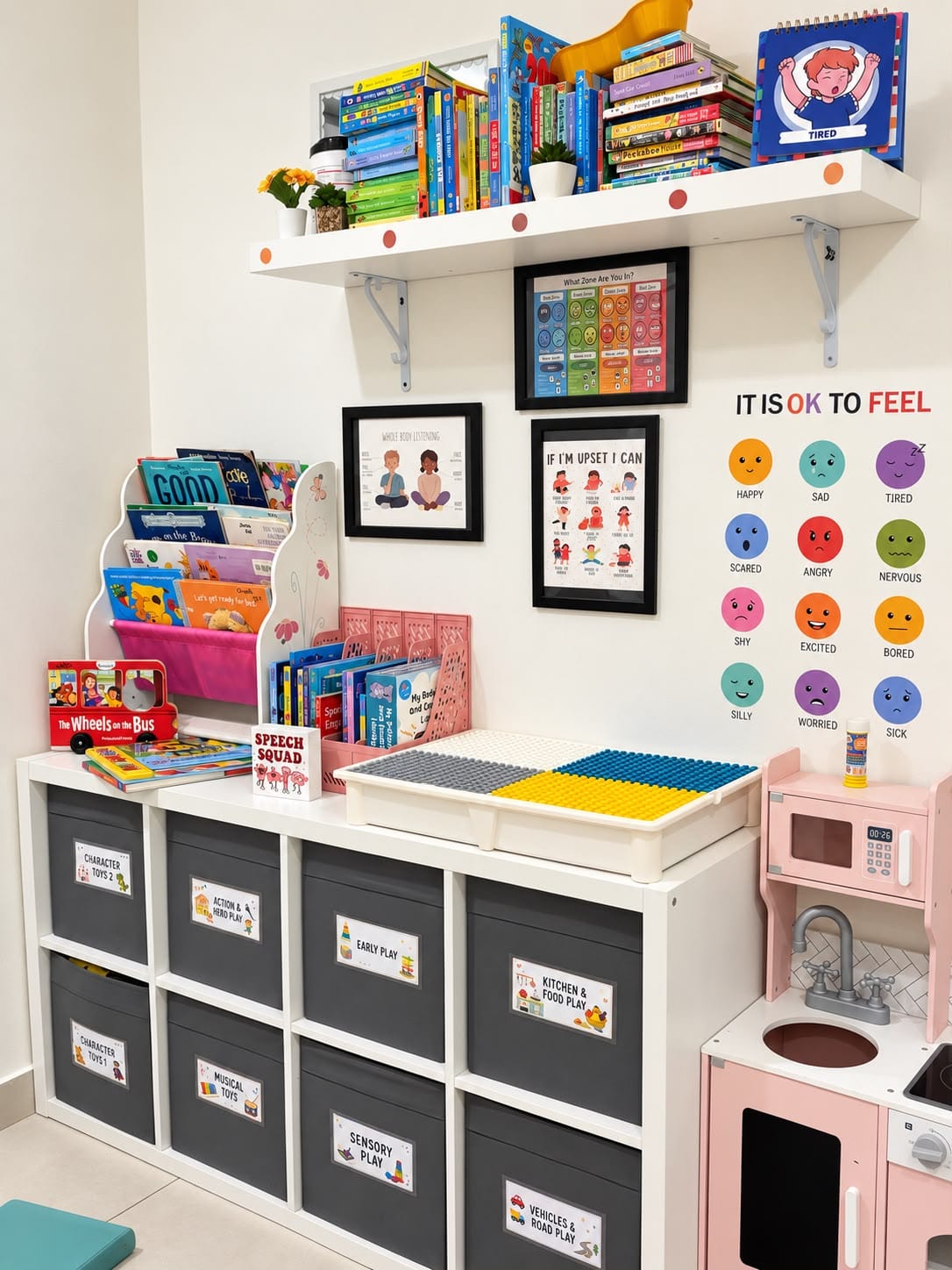 Therapy room shelves with storage boxes labelled by kind of play — early play, kitchen and food play, sensory play, vehicles and road play, musical toys — below an “It is OK to feel” emotions chart.